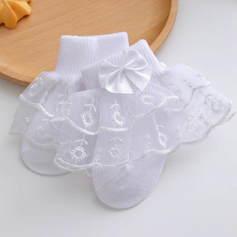 Baby Girls Ruffle Lace Ankle Socks – Soft Princess Bow Socks