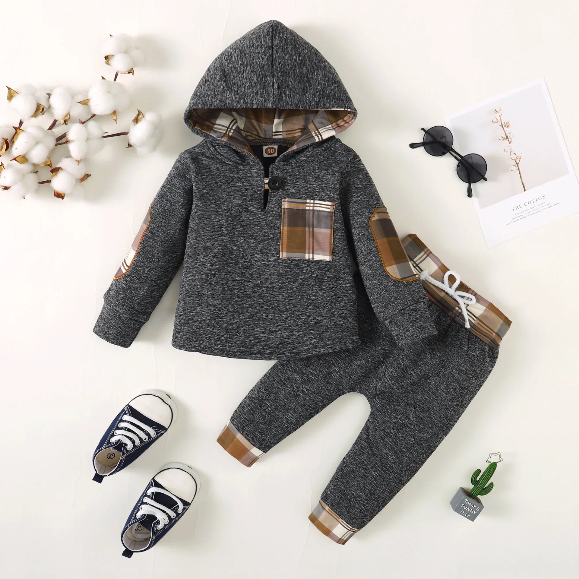 Toddler Boys Winter Plaid Hoodie & Pants Set – 2PCS Outfit