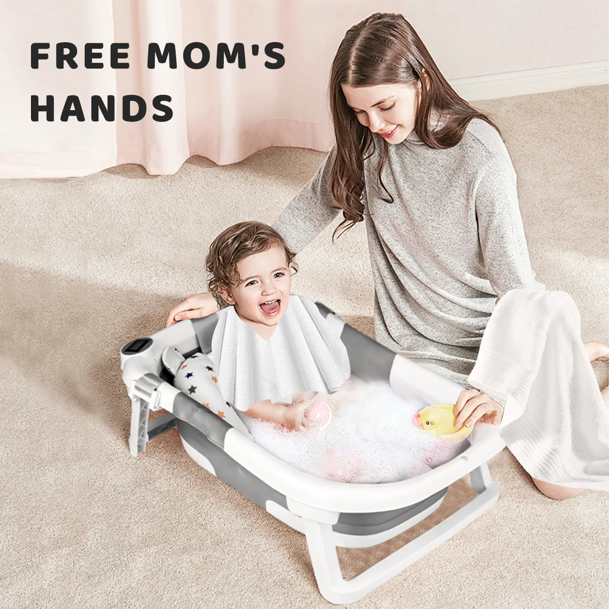 Foldable Baby Bathtub with Cushion & Thermometer