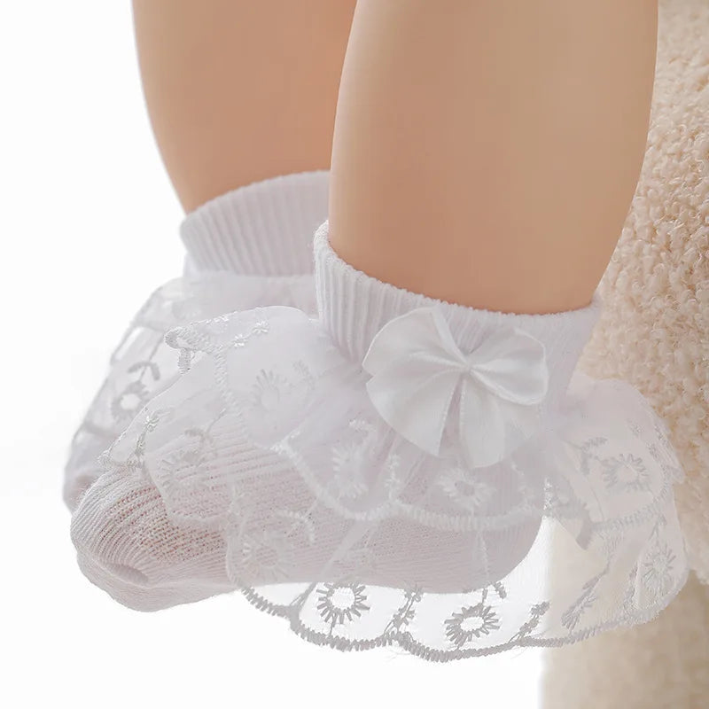 Baby Girls Ruffle Lace Ankle Socks – Soft Princess Bow Socks