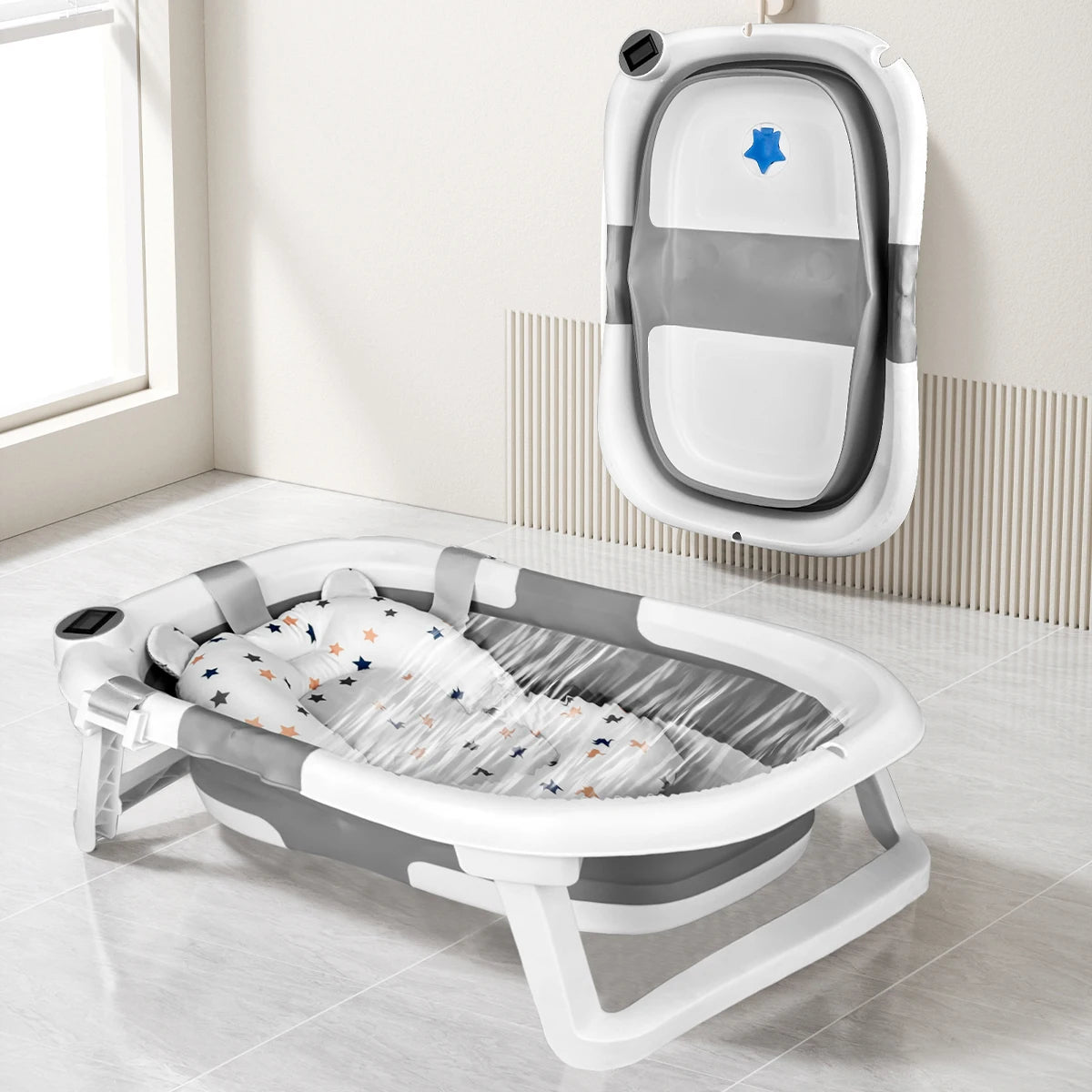 Foldable Baby Bathtub with Cushion & Thermometer