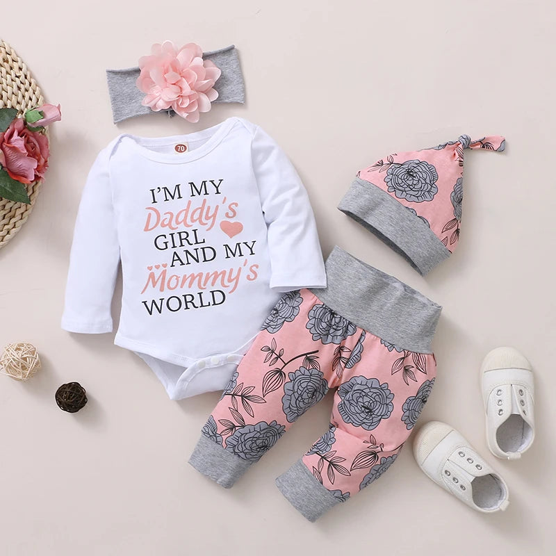 Newborn Baby Girl 4PCS Rose Romper Outfit – Long Sleeve Set