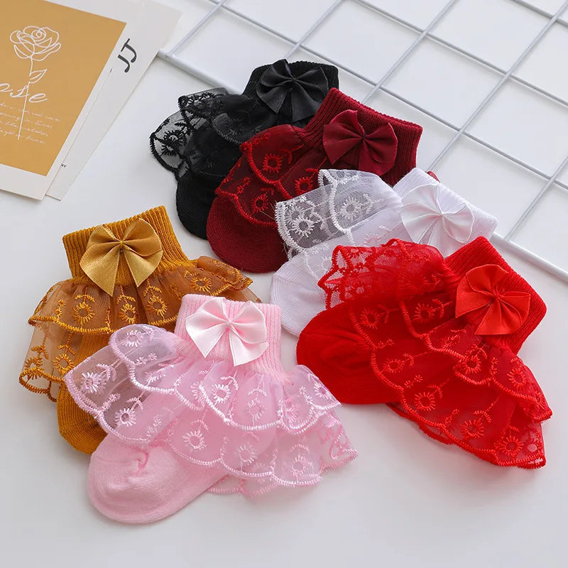 Baby Girls Ruffle Lace Ankle Socks – Soft Princess Bow Socks