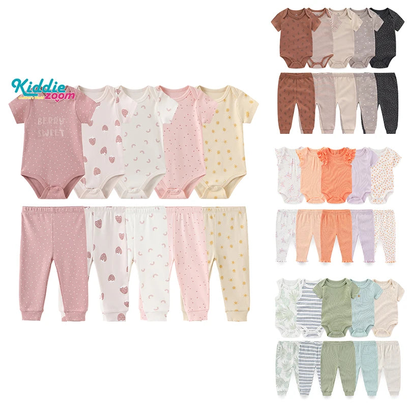 Kiddiezoom 10 Pcs Baby Clothing Set – Soft Unisex Newborn Bodysuits & Pants