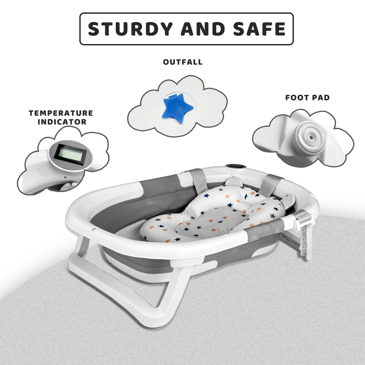 Foldable Baby Bathtub with Cushion & Thermometer