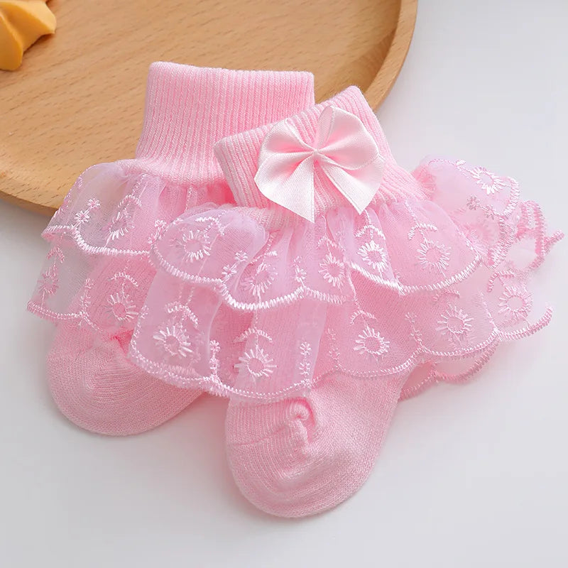 Baby Girls Ruffle Lace Ankle Socks – Soft Princess Bow Socks