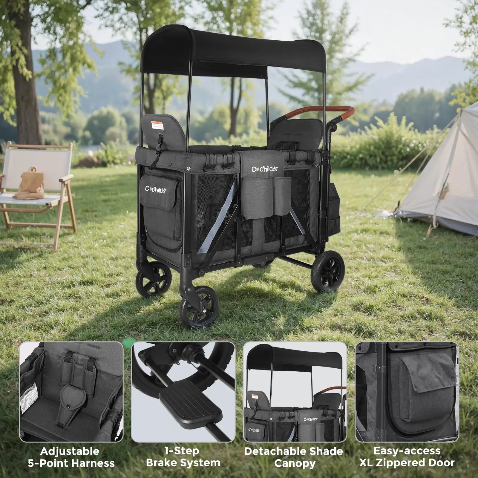 Foldable 2-Seat Baby Stroller with Sunshade and Safety Belt – Outdoor Camping Trolley
