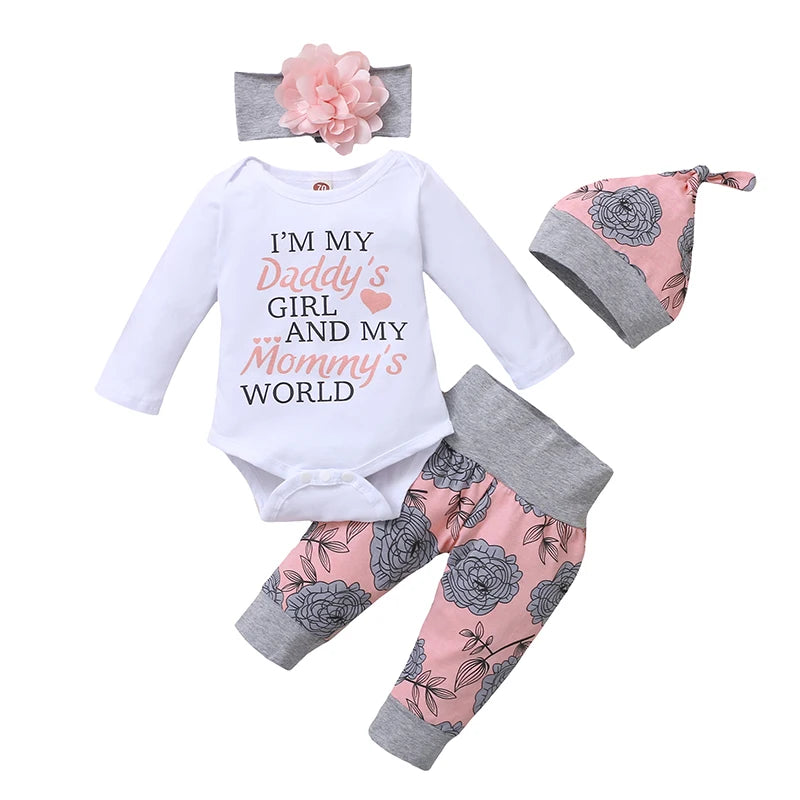 Newborn Baby Girl 4PCS Rose Romper Outfit – Long Sleeve Set