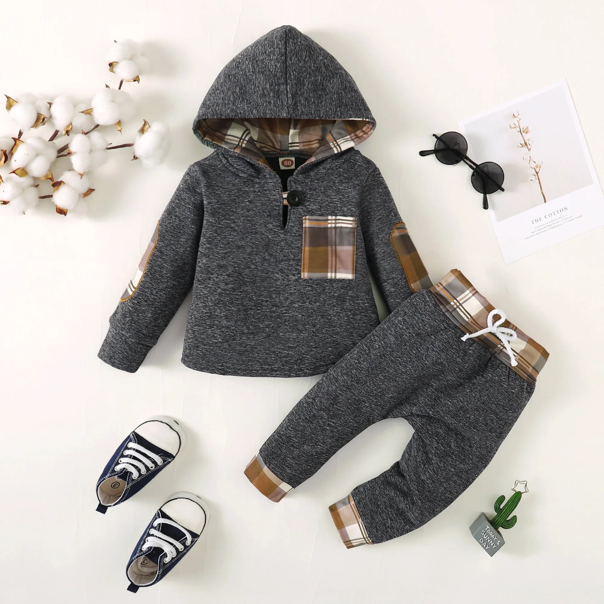 Toddler Boys Winter Plaid Hoodie & Pants Set – 2PCS Outfit