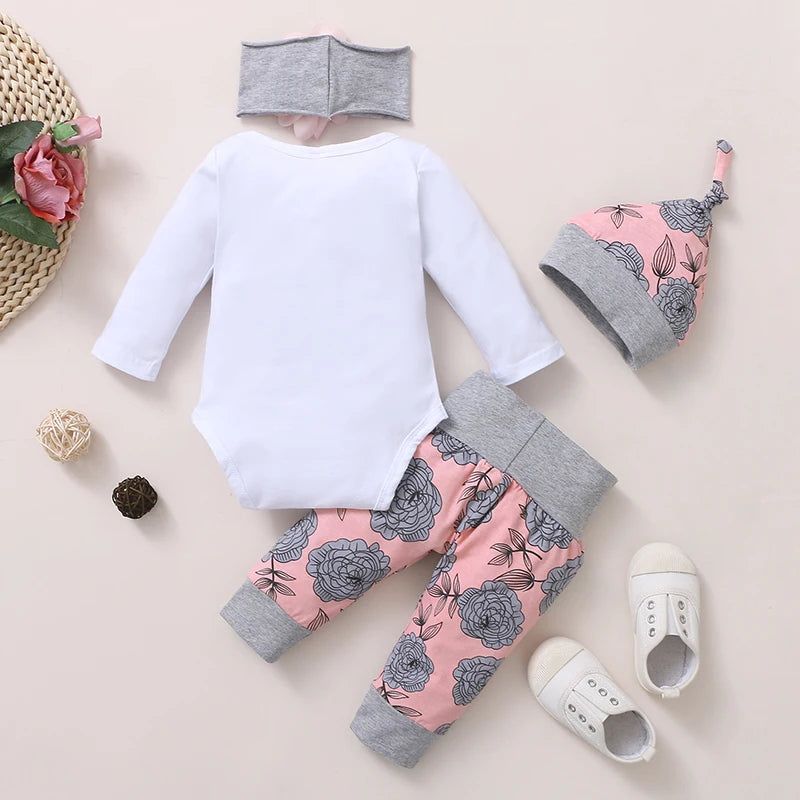 Newborn Baby Girl 4PCS Rose Romper Outfit – Long Sleeve Set